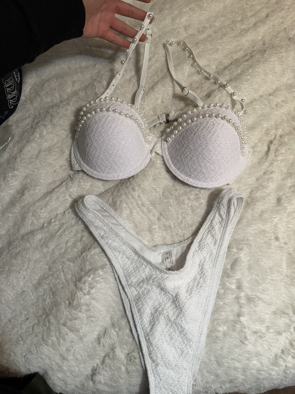White Pearl Accent Push-Up Underwired Padded Swim suit Bra Set M